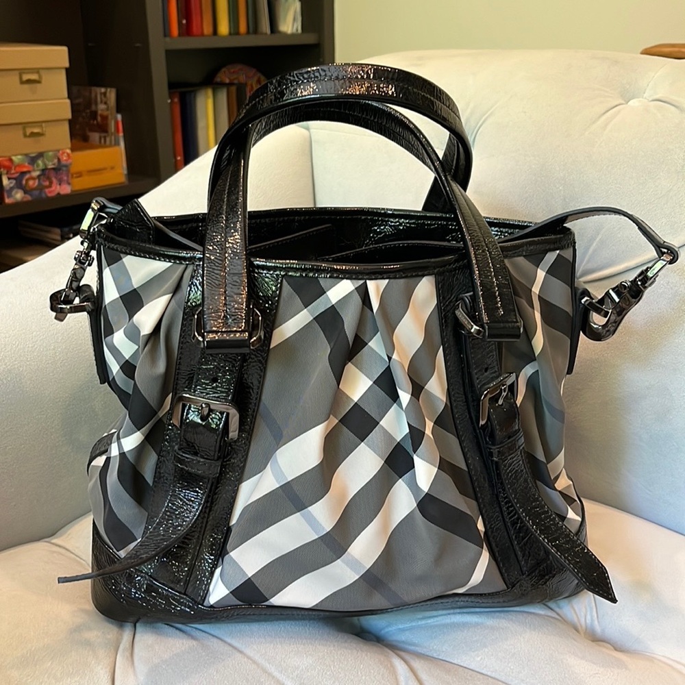 Authentic Burberry Patent Leather Beat Check Black Nylon Tote Bag
